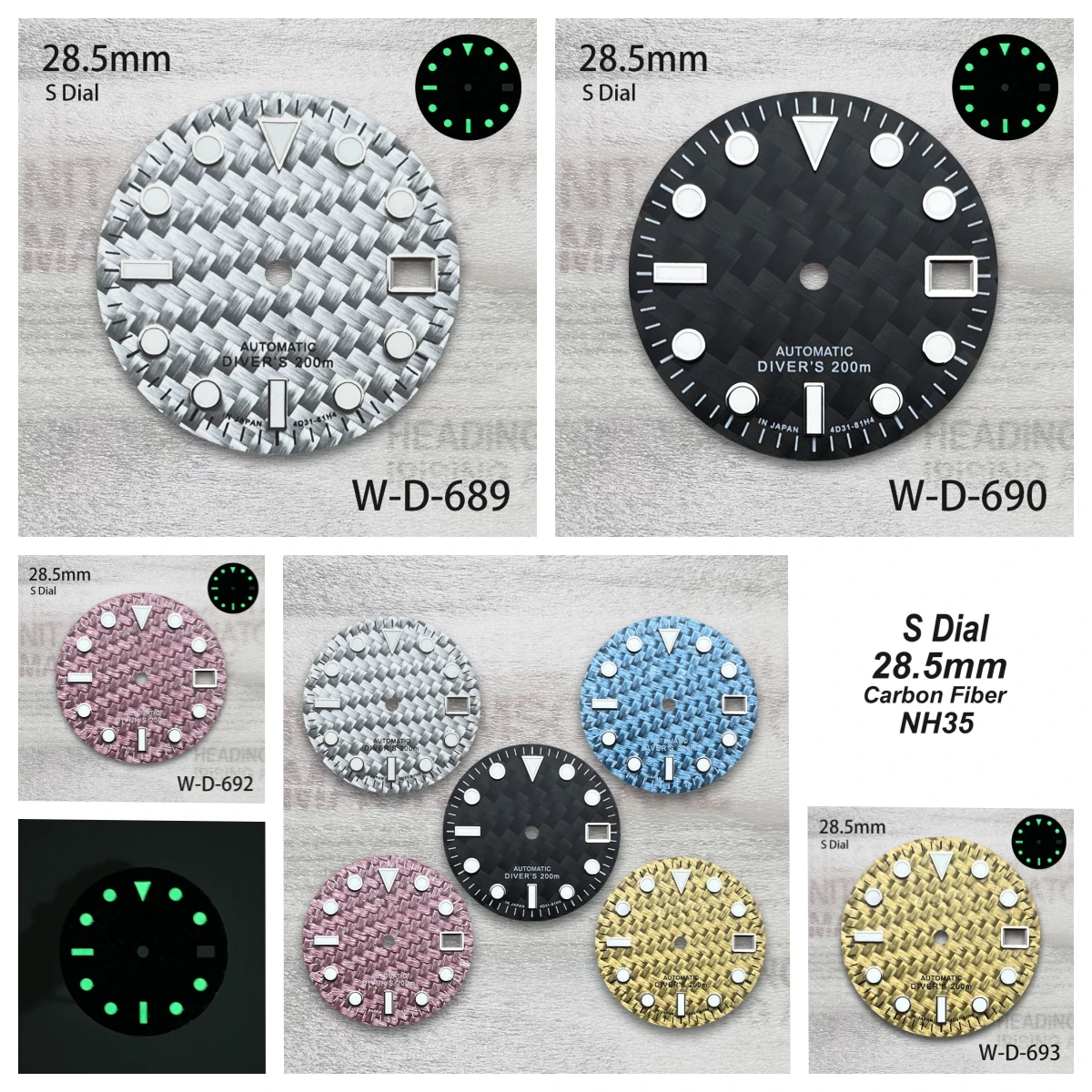 

28.5mm S Logo carbon fibre Dial Fit NH35/NH36/4R/7S Movement Green Luminous New High Quality Dial Watch Modification Accessories
