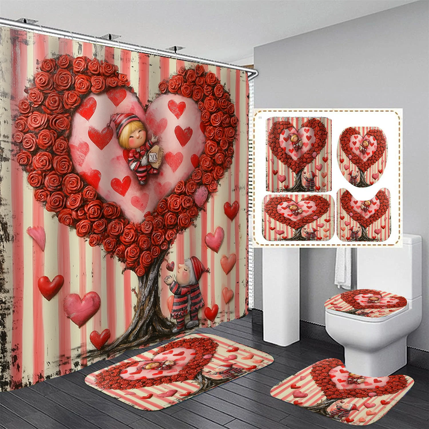 

4pcs Valentine's Day Love Heart Tree Bathroom Set, Includes Printed Shower Curtain with Hooks, Non-Slip Mat, 12 Plastic Toilet