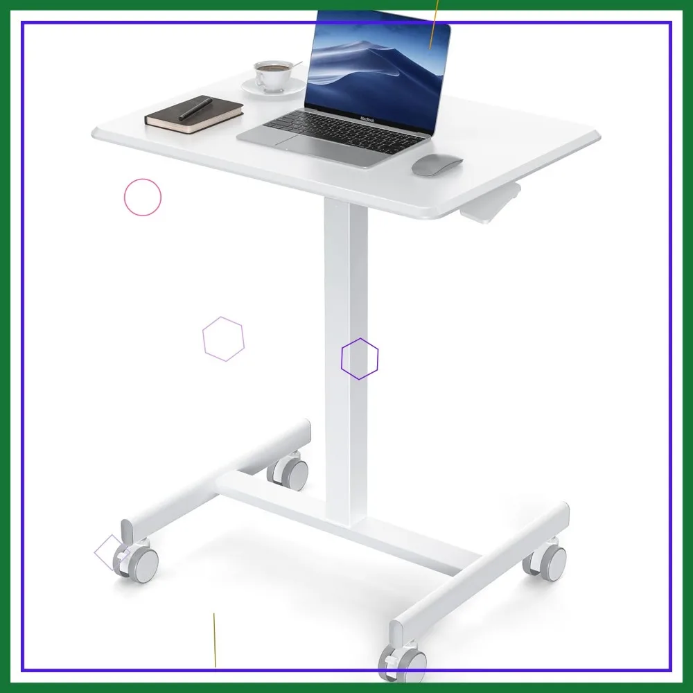Mobile Standing Desk with Wheels, Adjustable Height Computer Workstation for Home Office, 19 Inch Modern White