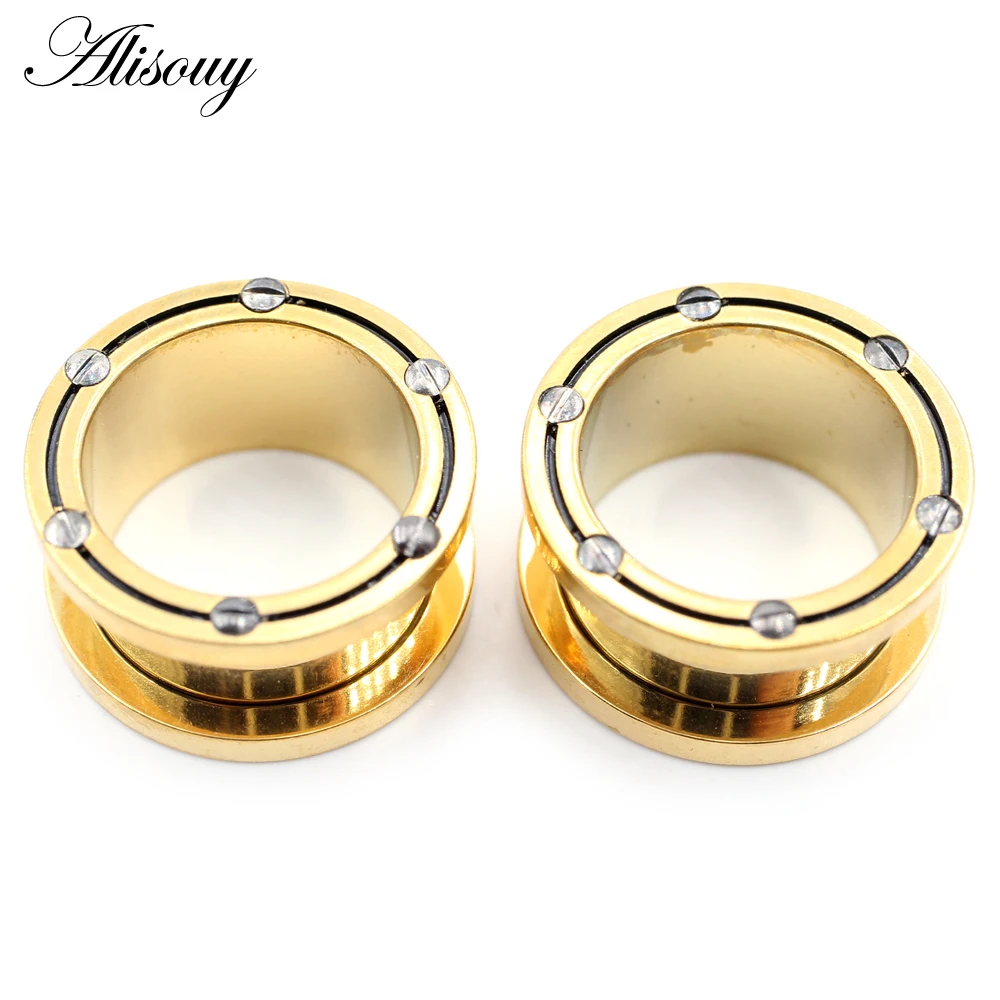 Alisouy 2PCS 8mm-25mm Gold Color Pulley Stainless Steel Ear Tunnels Plug Expander Stretcher Gauge Earrings Piercing Body Jewelry