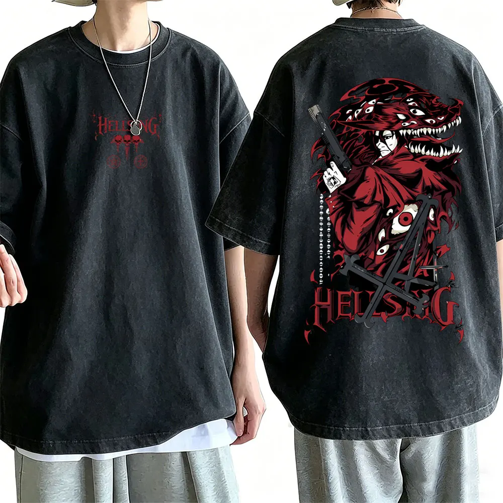 Washed Vintage Anime Hellsing T-shirts Cartoon Vampire Alucard Skeleton Graphic T-shirt Men Women Retro Manga Oversized T Shirts