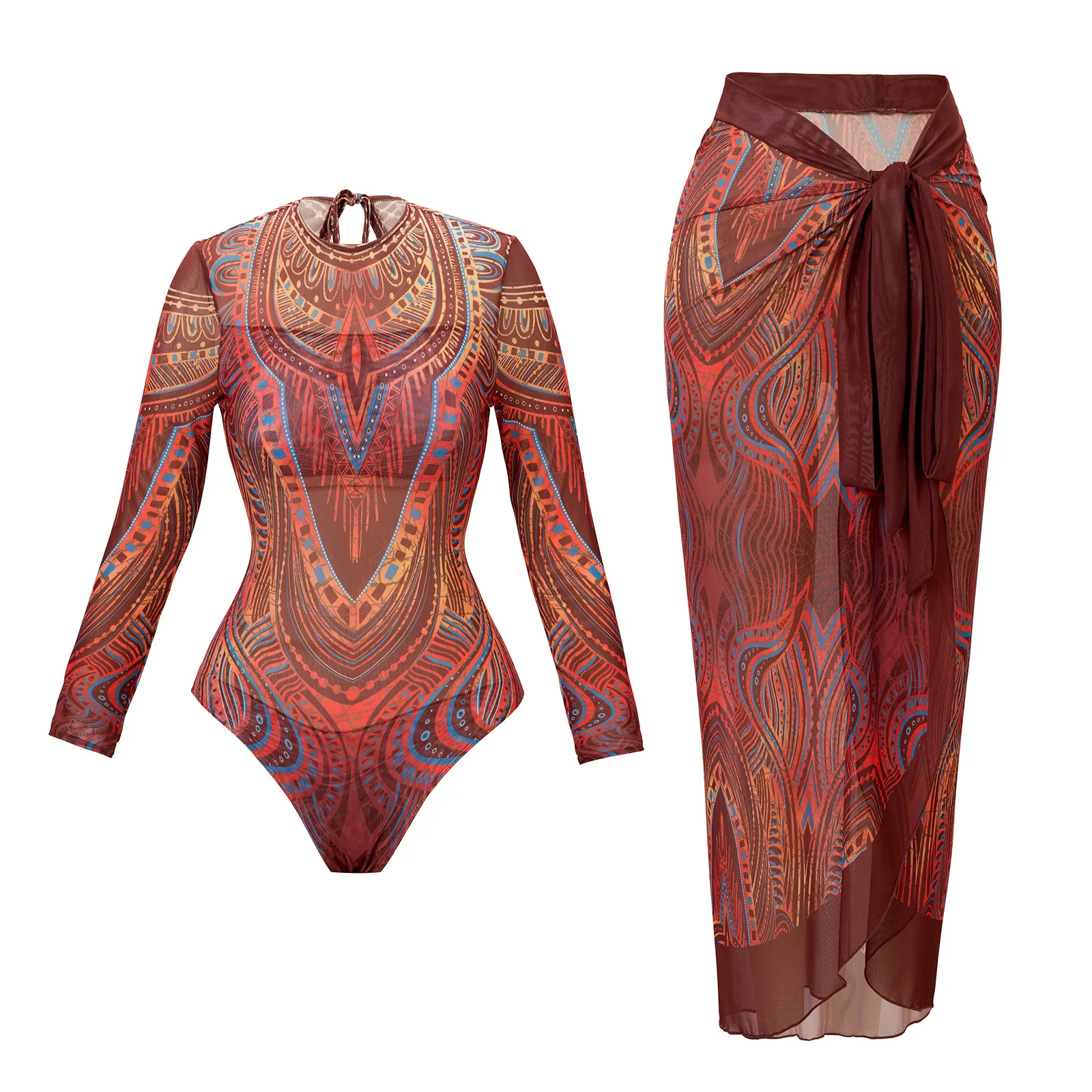 

2025 Ретро бикини с принтом, модный купальник из двух частей и накидка с юбкой, обтягивающий женский бандажный летний пляжный роскошный элегантный купальник
