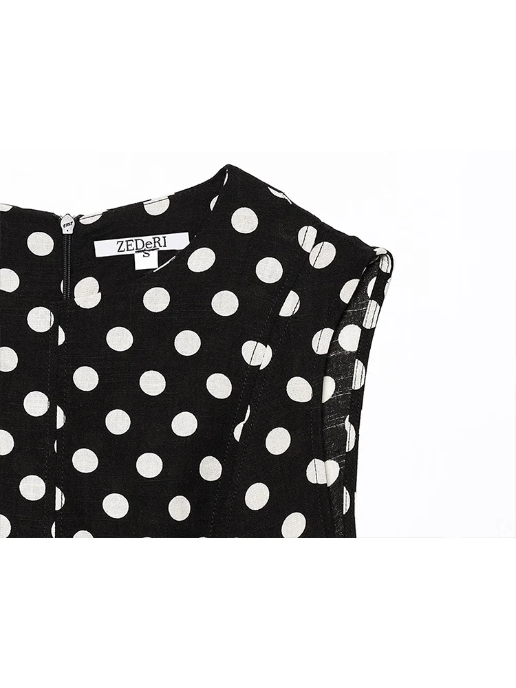 TFMLN Eleganckie damskie sukienki maxi w kropki, szykowne sukienki bez rękawów z okrągłym dekoltem, z wysokim stanem, w kształcie litery A, nowa odzież damska w stylu high street