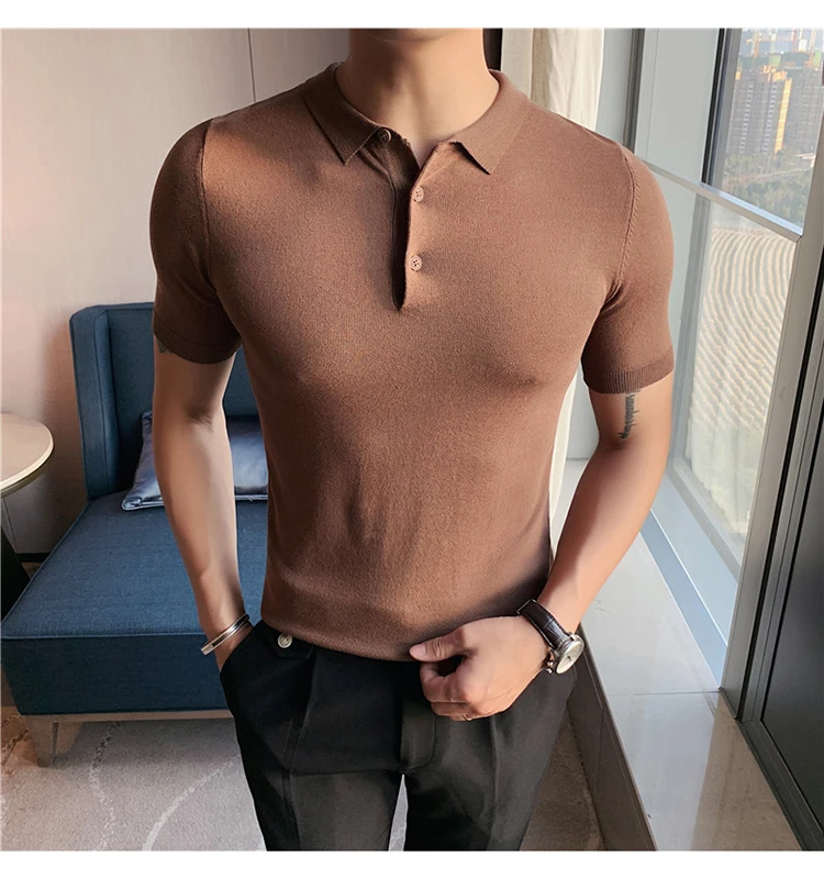 British Style Summer Knitted Polo Shirt Solid Color Slim Fit Stretch Short Sleeve T-shirt Men Business Social Polos Streetwear