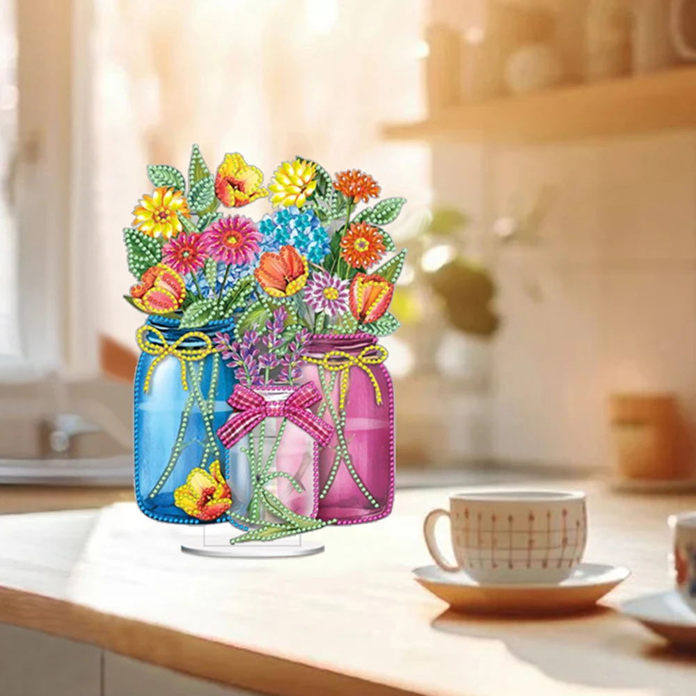 HOMFUN DIY 특별한 모양 드릴 다이아몬드 페인팅 책상 장식, 크리스탈 꽃병 꽃 자수, 라인석 홈 탁상 장식 선물
