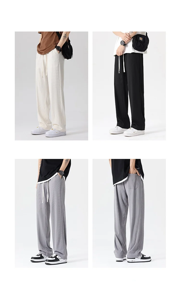 2025 جديد الحرير الجليد سراويل تقليدية الرجال ربيع الخريف نمط جديد قلادة الطابق بنطلون الذكور مستقيم أنبوب فضفاض واسعة الساق بنطلون