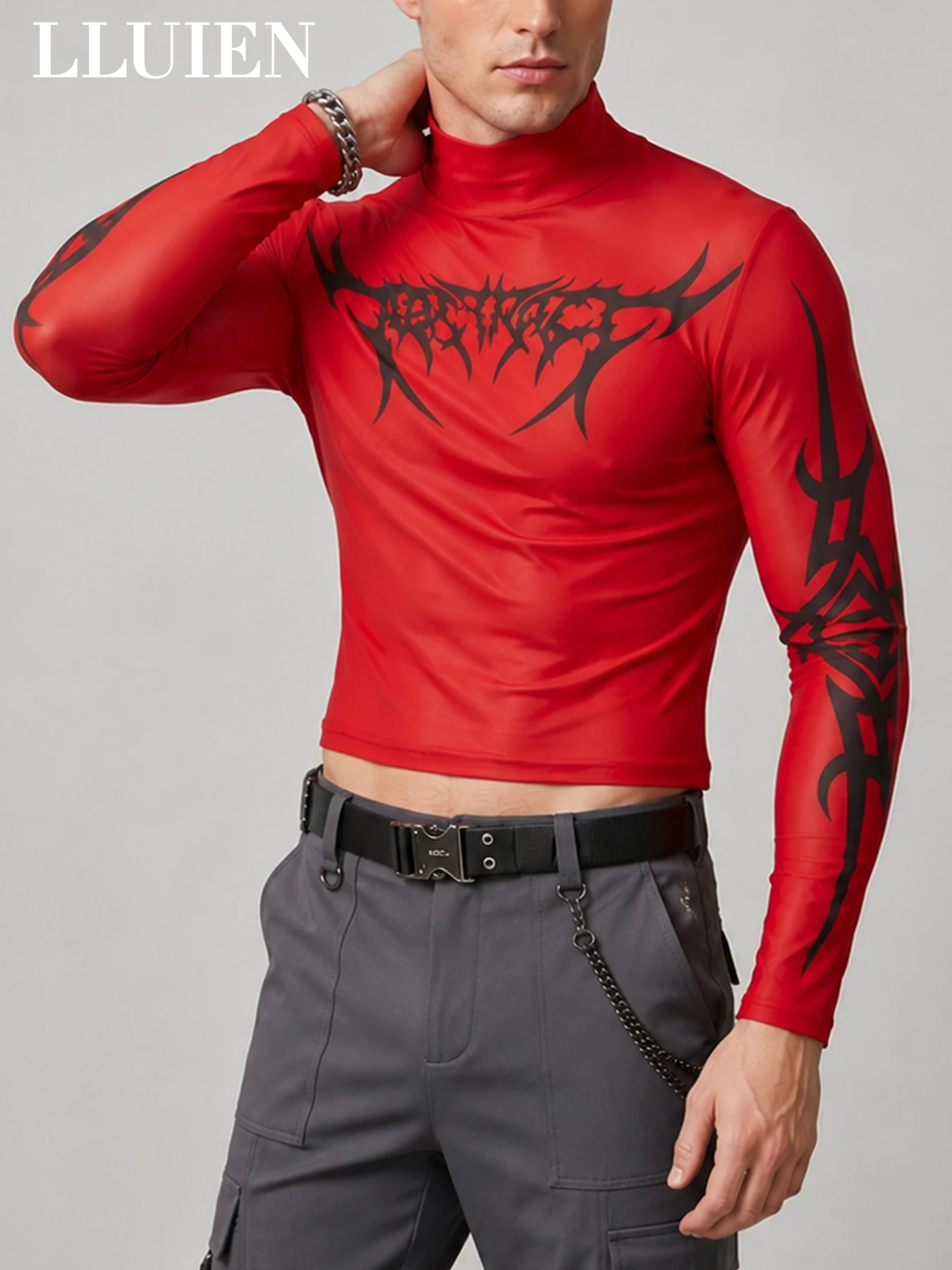 LLUIEN 2026 Neues Modisches Herren Crop-Top Langarm Rollkragen-Shirt mit Aufdruck 100% Polyester Nachtclub Mesh Enganliegendes T-Shirt – Detail 8