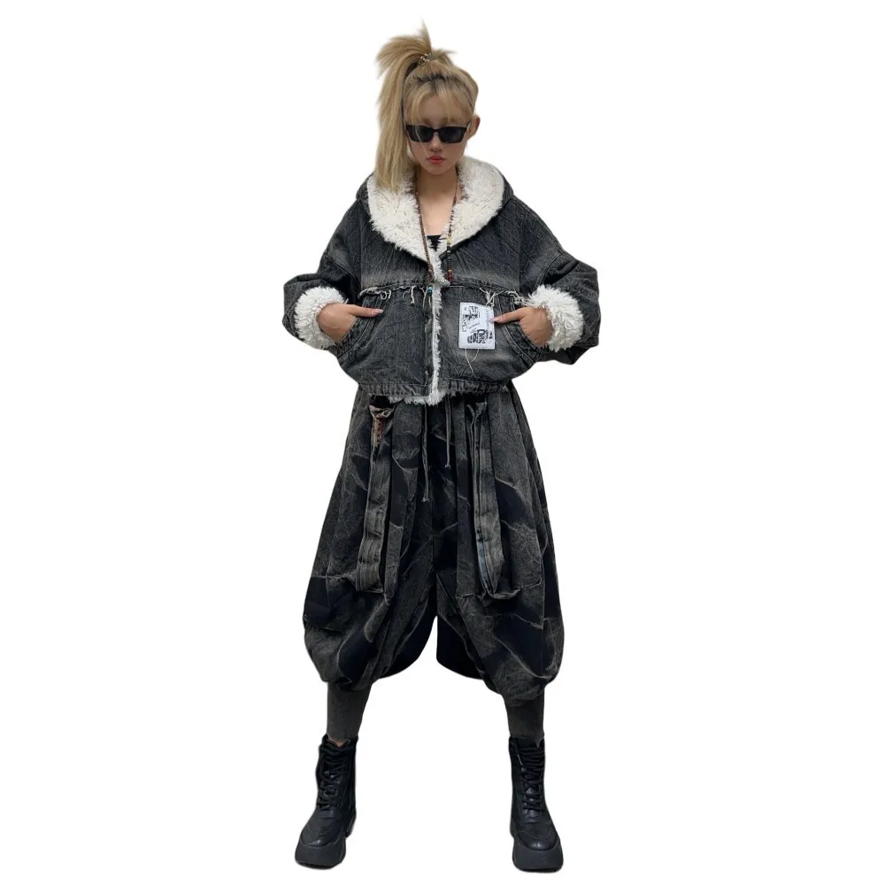 Personalized Trendy Vintage Denim Short Jacket + Pant Two Piece Set Women Winter Thick Warm Loose Casual Pant Set ZF340