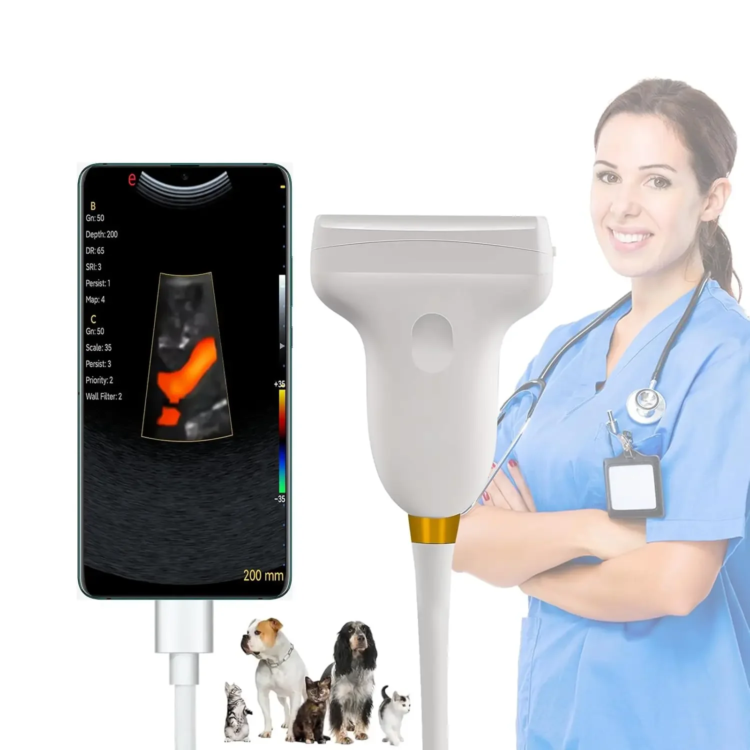 Veterinärischer kabelgebundener Ultraschallscanner, tragbarer Farbdoppler, 3,5/7,5 MHz konvexe Sonde für Andriod-Telefon mit Typ-C-Anschluss