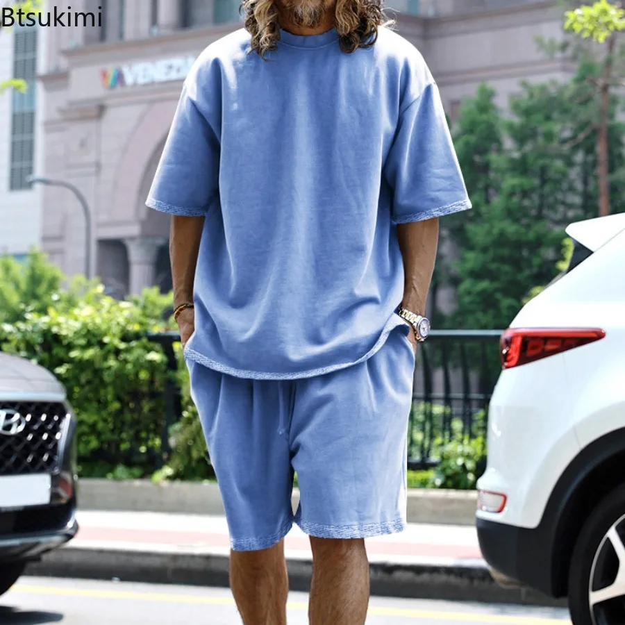 

2026 Men Summer Outfit Oversized Casual Sports Short Sleeve T-shirt Shorts 2 Piece Sets Male Solid Tracksuit Beach Vacation Suit