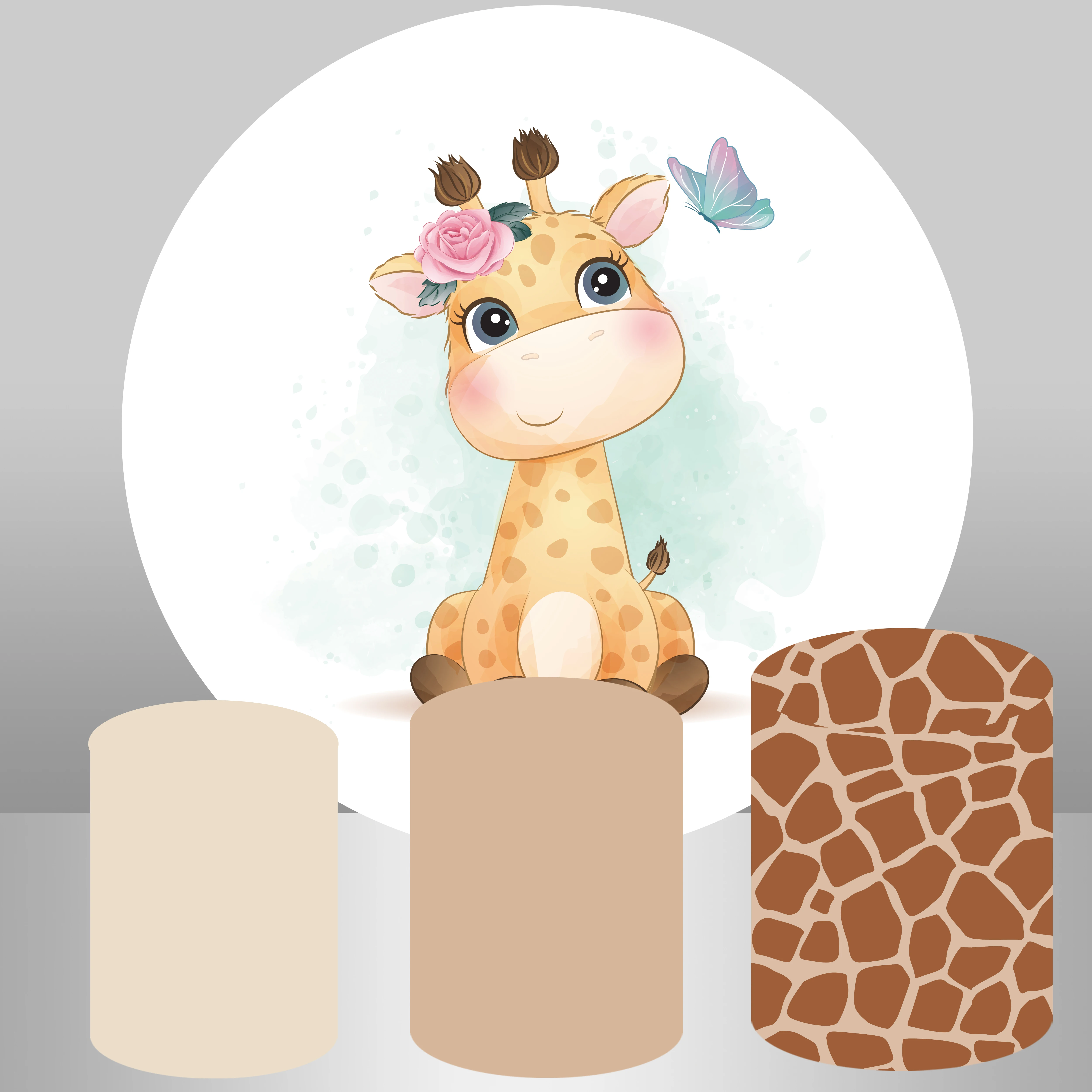 Floral Giraffe Round Backdrop Cover for Kids Happy Birthday Party Decoration Baby Shower Background Cylinder Covers