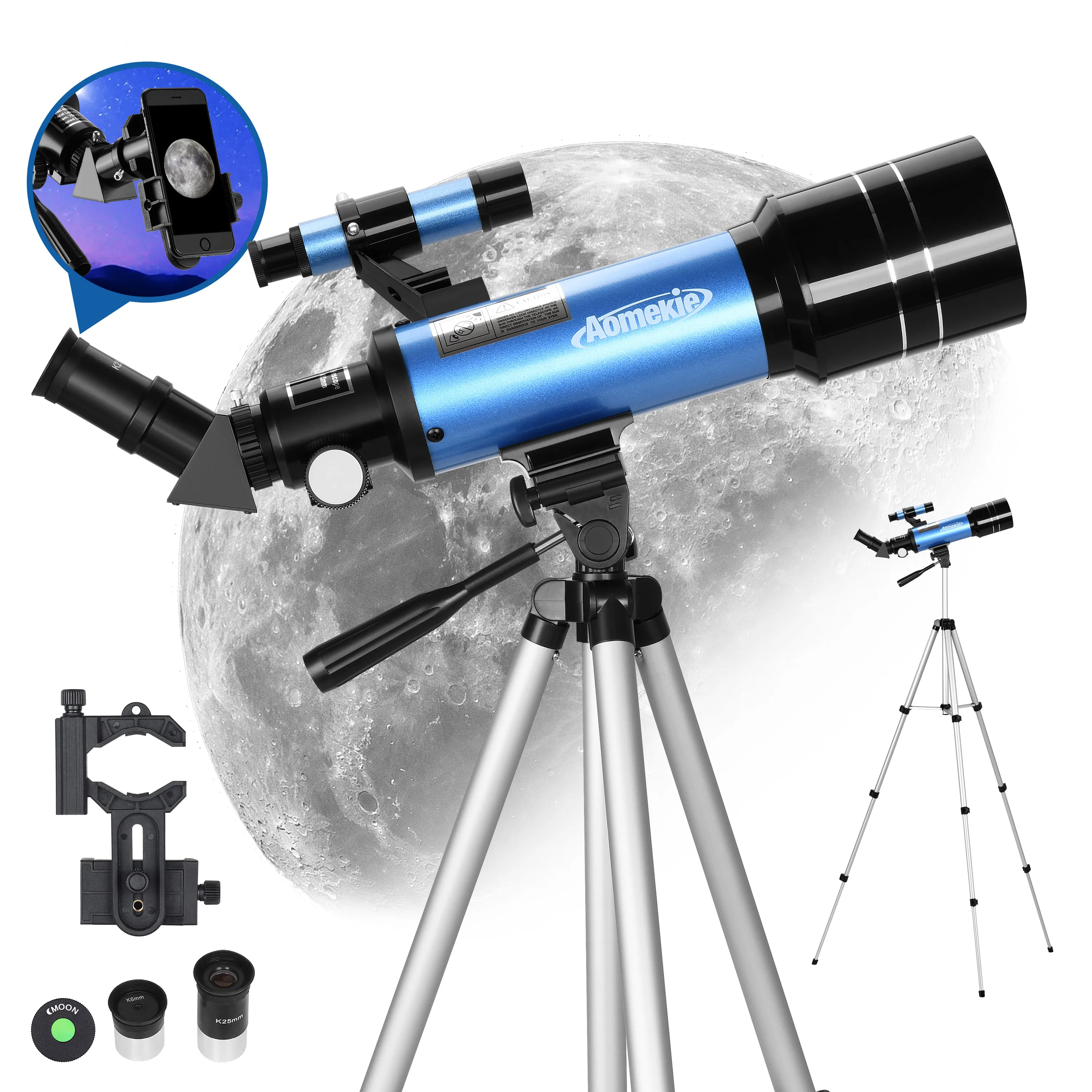 400/70mm Refractor Astronomical Telescope 70mm Lens 66X for Moon Watching with Adjustable Tripod Mobile Holder Kid Beginner Gift