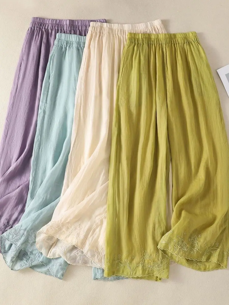 Elegant Embroidered Wide Leg Pants Women's Summer New Style Draped Casual Cotton Linen Straight Leg Trousers High Waist