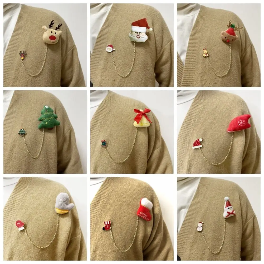 Clothing Decoration Christmas Brooch Santa Claus Snowman Elk Chain Brooch Small Doll Kawaii Clothes Badge Pins Women Girl