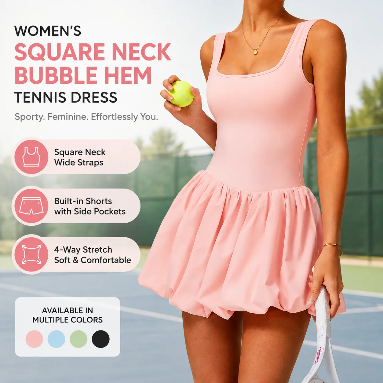 Women's Square Neck Bubble Hem Tennis Dress - Wide Strap Active Dress with Built-in Shorts, Multiple Colors, S-XL