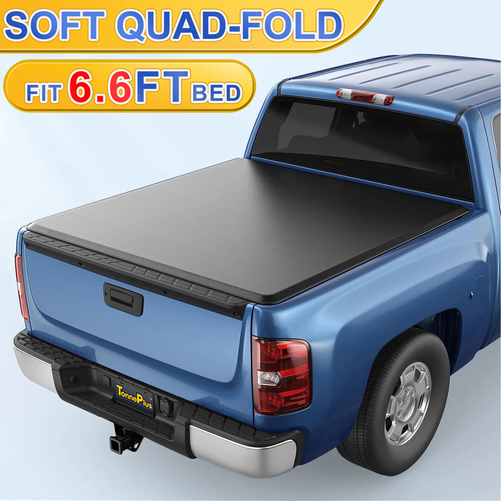 TonnePlus Soft Quad-Fold Tonneau Cover Truck Bed Covers for 2007-2013 Silverado / Sierra 1500, 07-14 2500 HD 3500 HD 6.6FT Bed