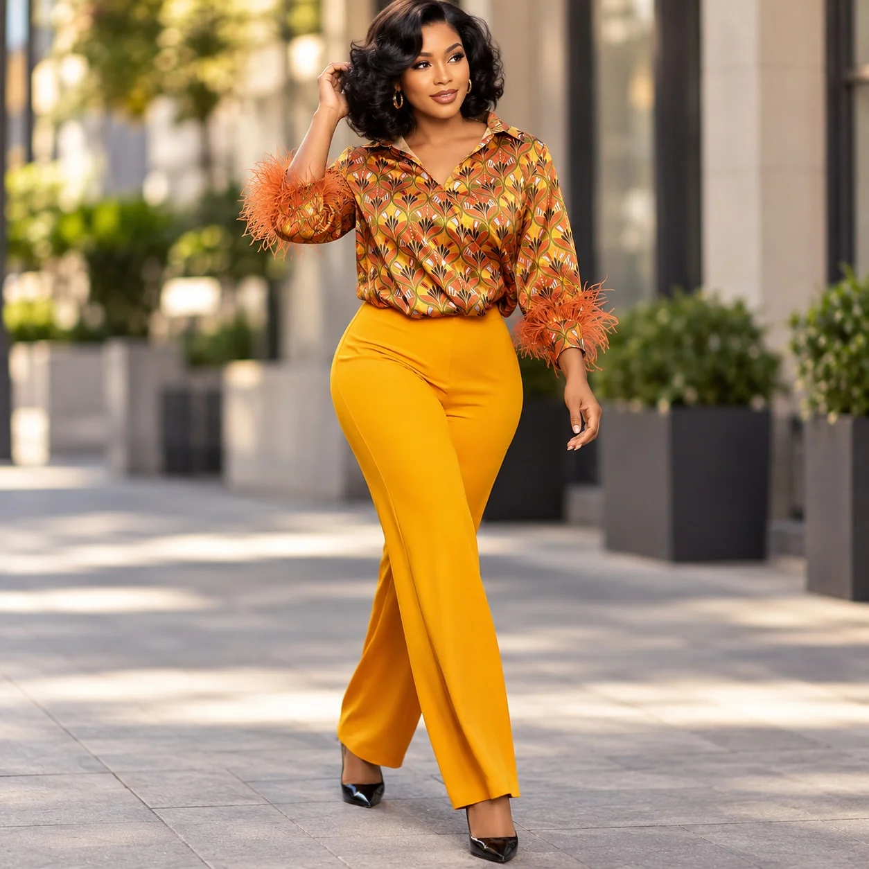 Printed Long Sleeve Set Full Length Commuter Chic with Elegant Autumn Abstract Pattern Long Pants Regular Sleeve Women Sets