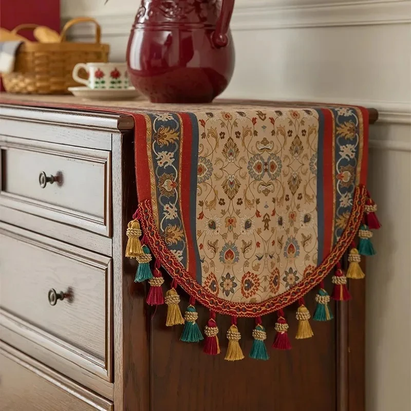 Vintage Table Runner Light‑Luxury Long Decor Cloth with Tassels Dining Table Bed Flag Cabinet Cover for Home Aesthetic Decor