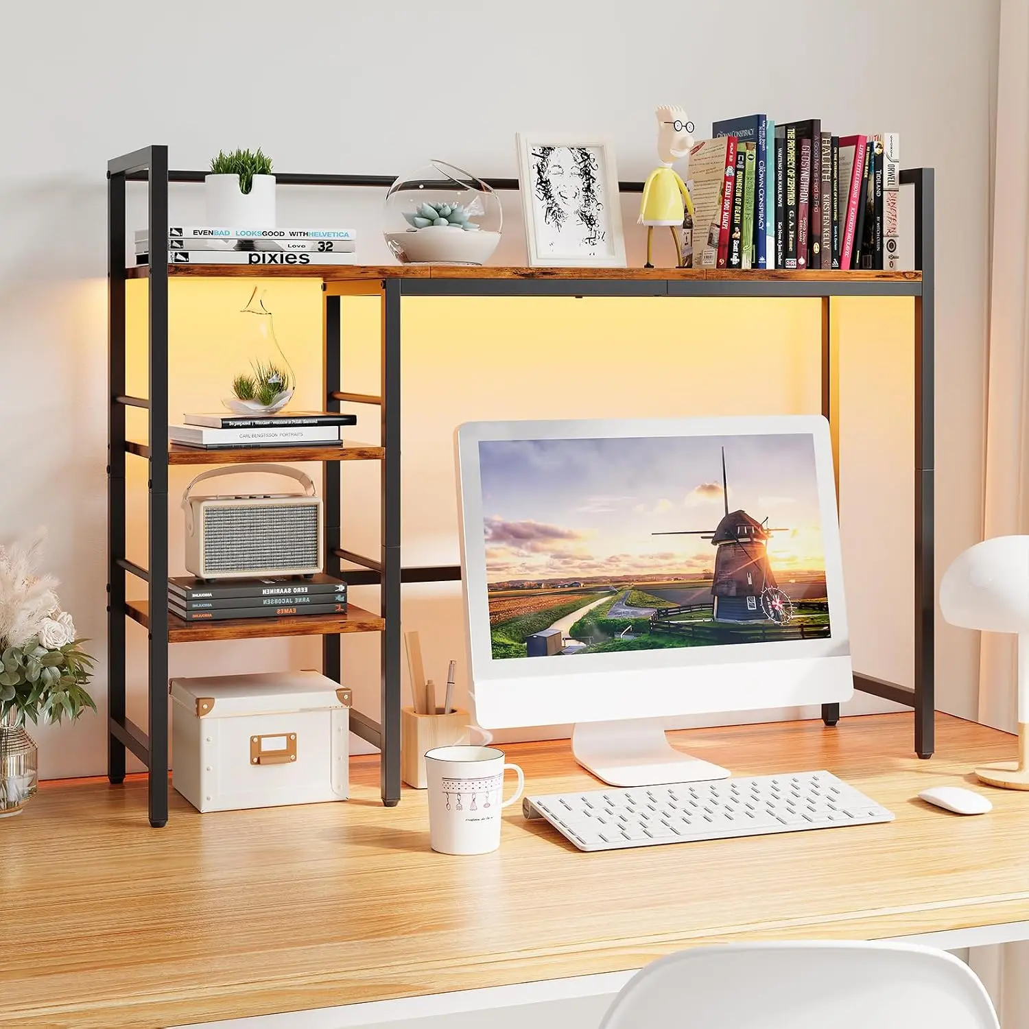 Desktop Organizer Wood Desktop Hutch Home Office Shelf All Season Multi-color