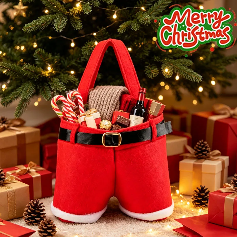 Paquete de 5-30 Bolsas de Regalo con Diseño de Pantalones de Santa Claus, Color Rojo, Blanco y Dorado, con Hebilla para Colgar, para Decoración Navideña, Fiestas, Árbol, Chimenea, Ventana, Cocina y Hogar