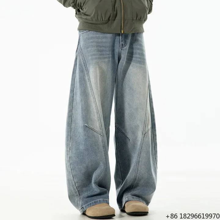 OEM ODM Custom Structural Wide Leg Baggy Jeans Men High Street Denim Trousers Multi Panel Curved Seam Men's Jean Pants
