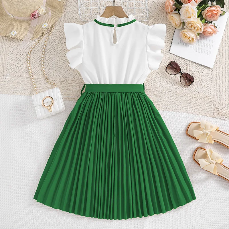 Summer Kids Princess Dress Girls White Petal Sleeve Pleated Skirt Bow Tie Preppy Style Elegant Birthday Party Clothes 8-12 Yrs