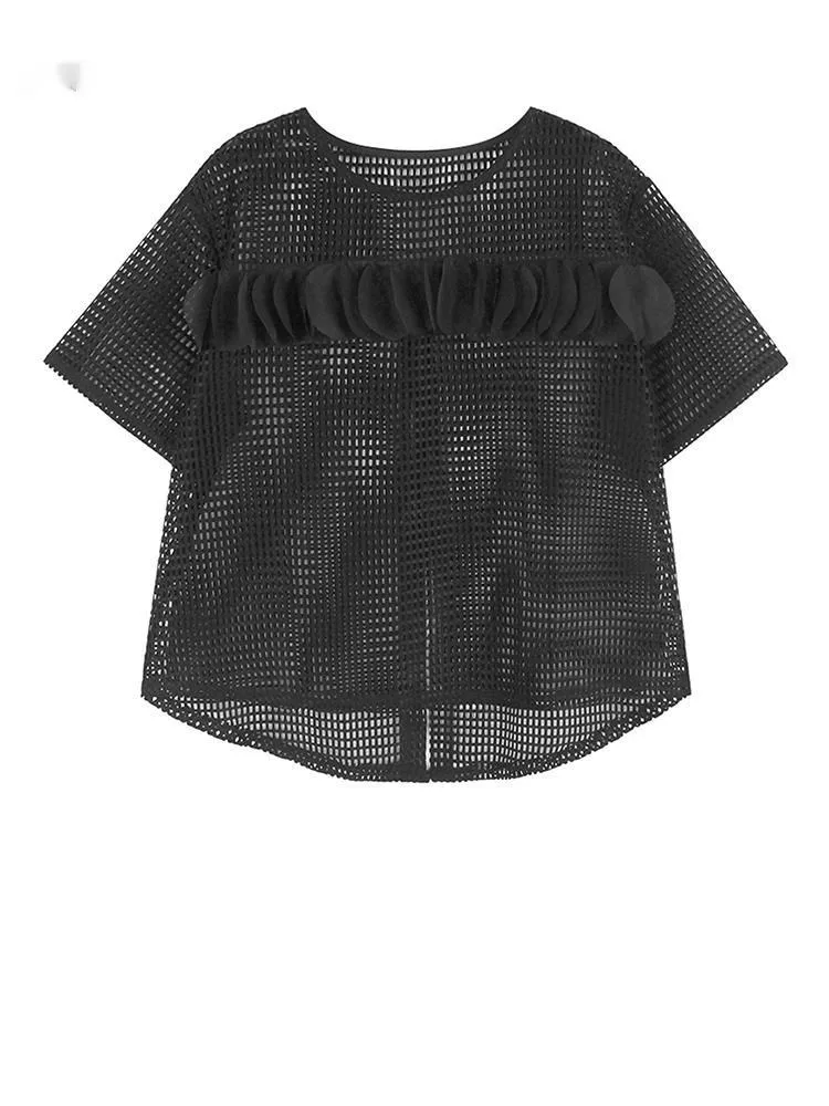 

Women Black 3d Flower Hollow Out Big SizeT-shirt New Round Neck Short Sleeve Fashion Tide Spring Summer