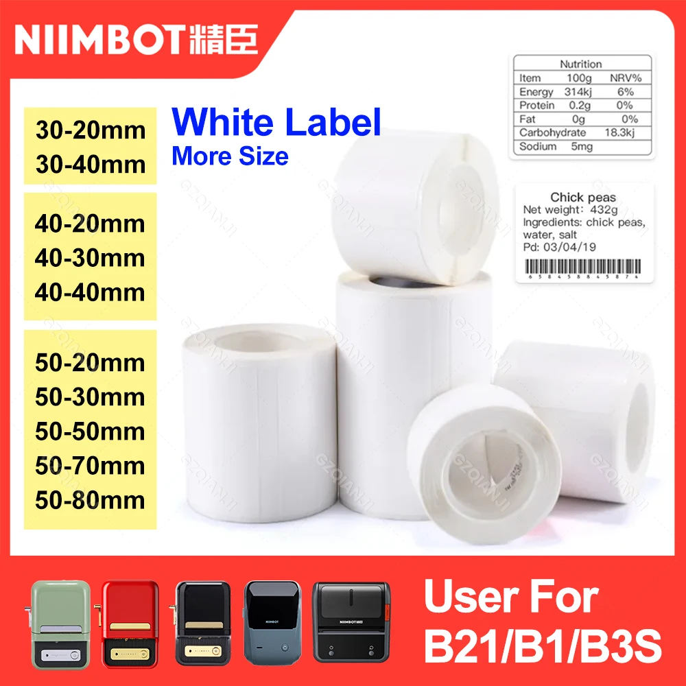 30–50 mm Niimbot B21 B1 B3S Drucker-Etikettenpapierrolle, weiße Aufkleber-Druckpapierrollen, reißfester, wasser- und ölbeständiger Klebstoff