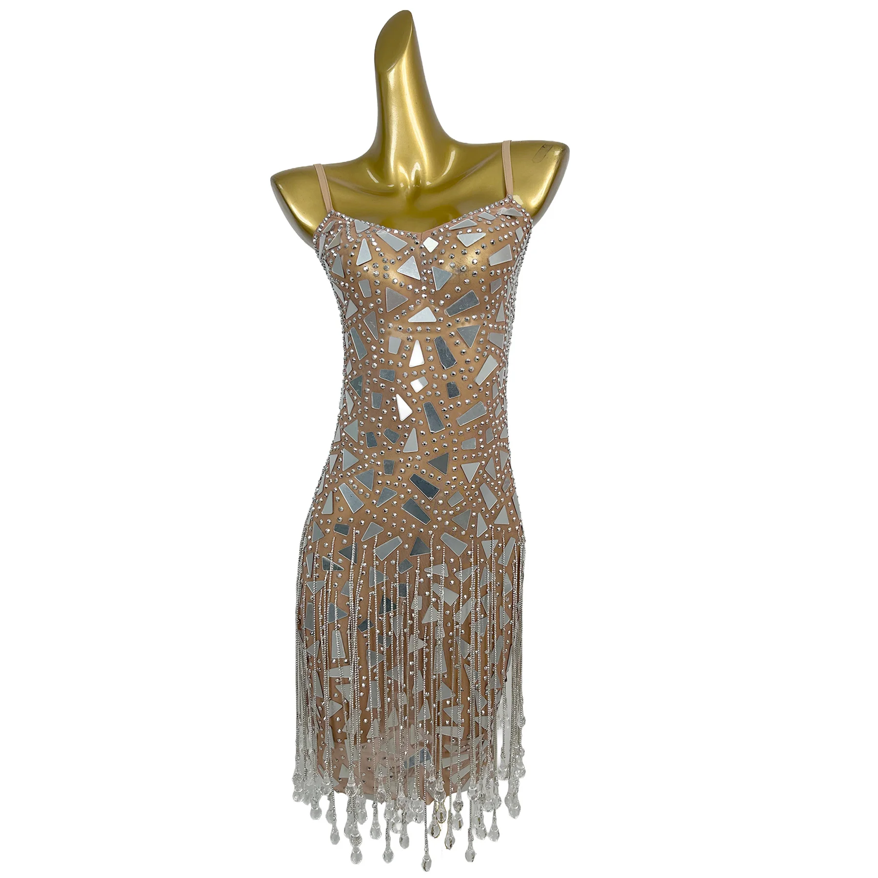 

Shuimu Sparkly Nude See Through Mesh V Neck Mini Midi Dress Full Mirror Panel Long Crystal Tassel Fringe Birthday Photoshoot Out
