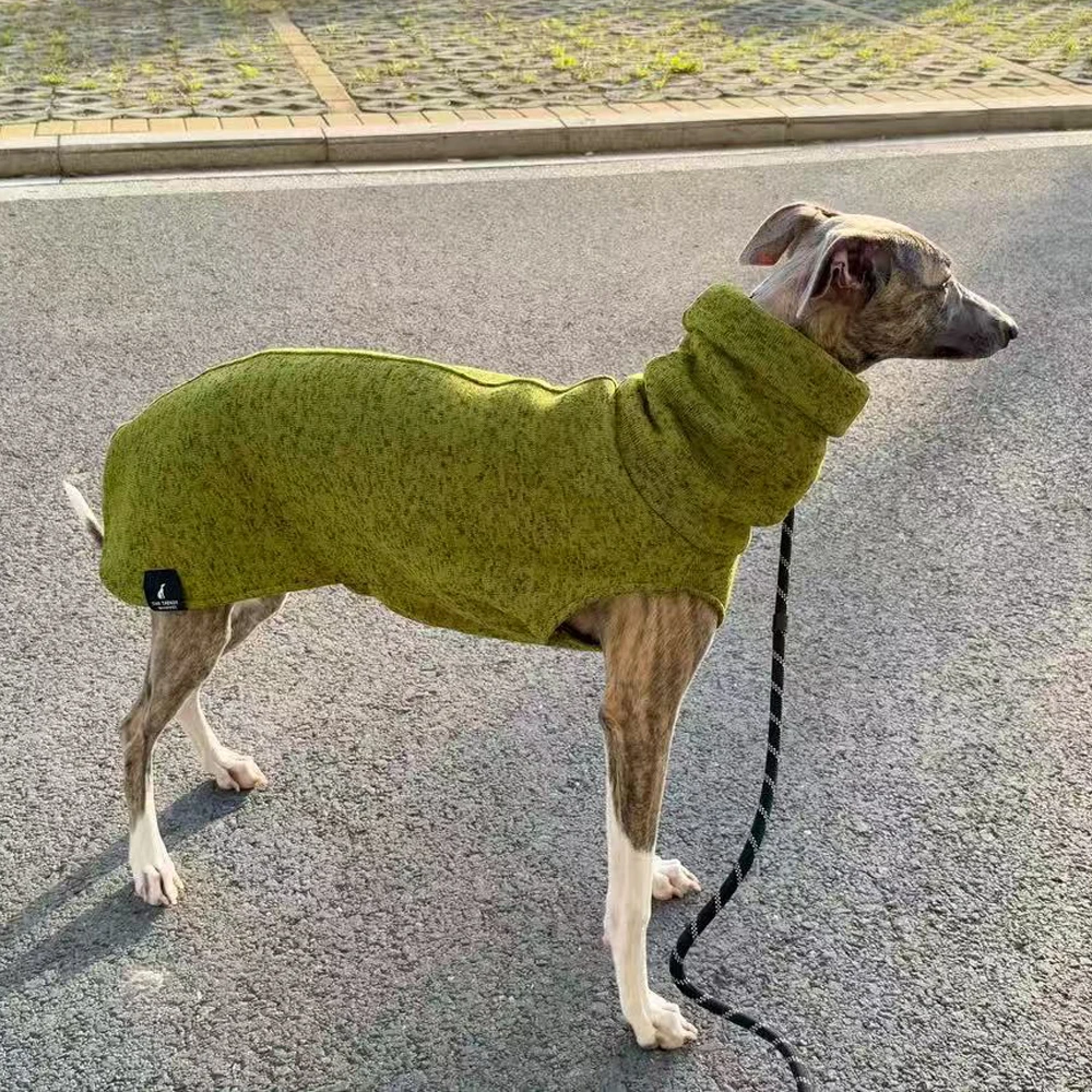 Dickes grünes Fleece-Sweatshirt für Whippet-Hunde im Winter. Warmer 2-beiniger Ärmel-Kopfwärmemantel mit hohem Kragen für italienischen Windhund – Detail 6