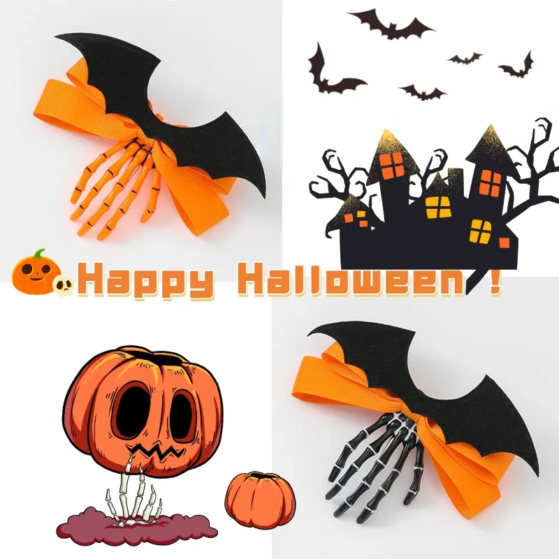 

2023 New Halloween Hand Bone Claw Hair Clip Creative Bat Wings Bow Skeleton Hairpin Girls Fashion Hair Accessories for Women