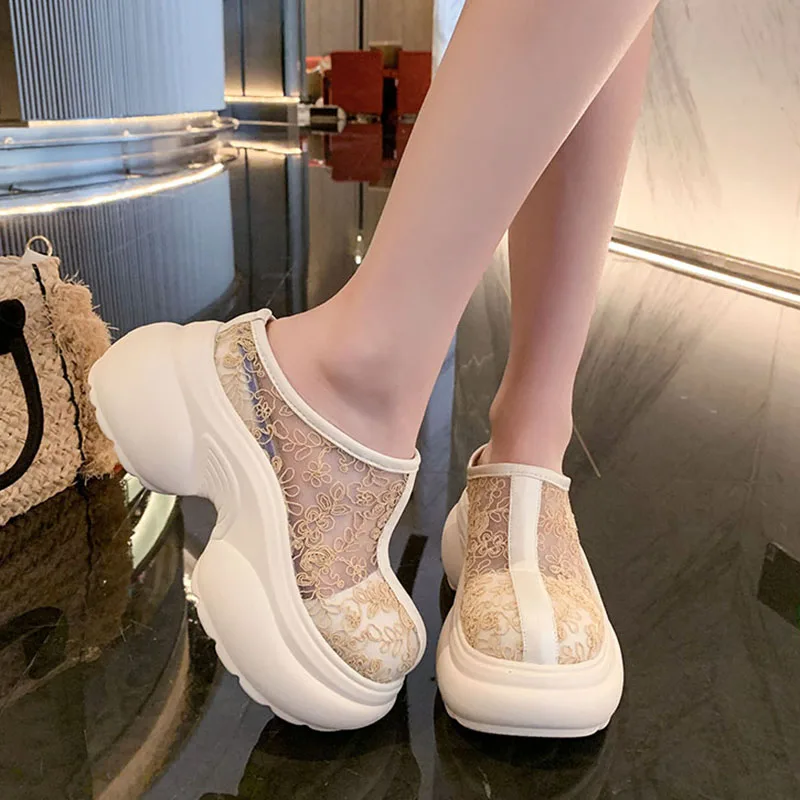 

Summer Women Lace Mesh Hollow Floral Thick Chunky Platform Slides Mules Closed Toe Non Slip Casual Clogs Sandals Slippers Shoes