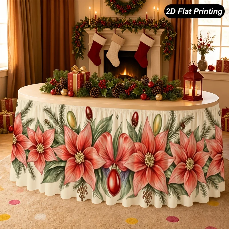 1 piece Christmas table cloth, red Christmas flowers, beige flowers, Christmas table skirt, perfect for home kitchen decoration