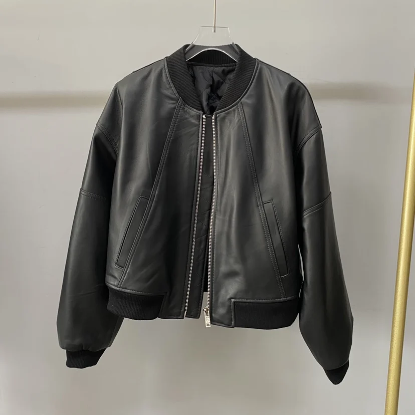 Damska kurtka bejsbolówka ze skóry naturalnej, luźny krój, wyszczuplająca, nowość zima 2023, ocieplana bawełną, mały rozmiar, odzież wierzchnia.