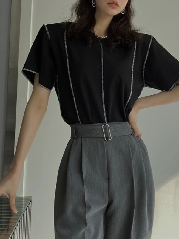 Korean Style Summer Elastic Short Sleeve T-Shirt Women's Unique Design Spicy Girl Stitching Color Block Casual Top with Thin ...