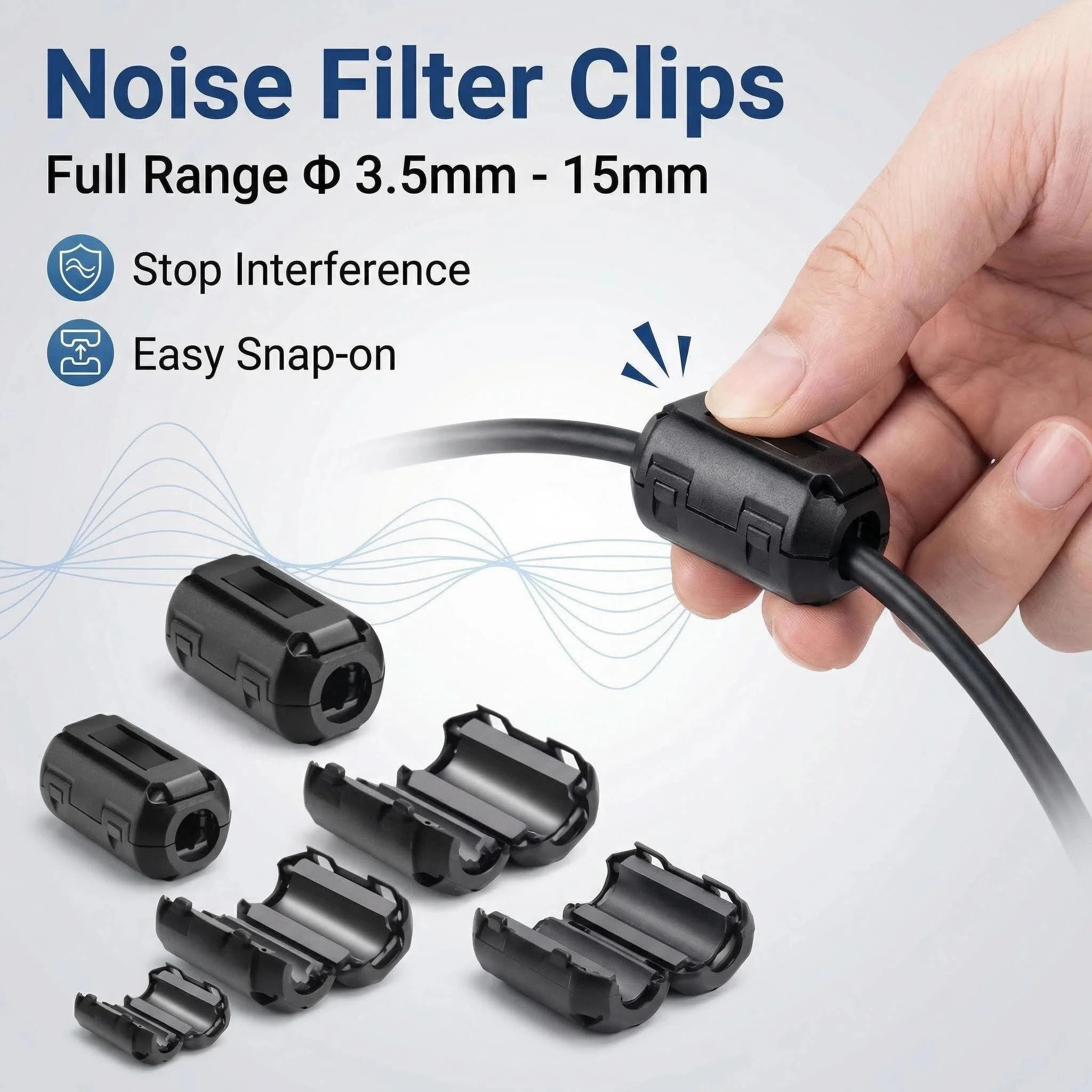 

10 шт. ферритовых кольцевых фильтров-гасителей помех EMI/RFI с зажимом, 3.5/5/7/9/13/15 мм, для черных магнитных кабельных зажимов-фиксаторов