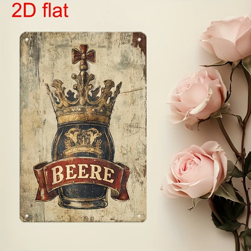 Vintage Metal Wall Sign with Beer Mug & Crown Design -  Rustic Home Bar Decor, Pre-Drilled Holes for Easy Hanging, Durable Indoo