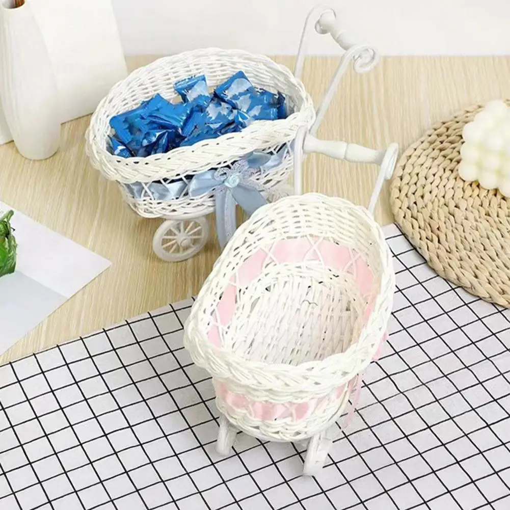 Desktop Storage Organizer Baby Shower Table Centerpiece Rattan Stroller Flower Basket Small Woven Storage Organizer for Home