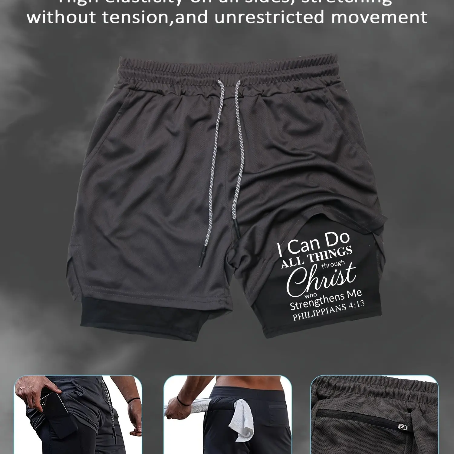 

2026 "Открывая сердце перед Господом, который дарит мне силы, я могу совершить все, что нужно." Мужские летние тренировочные шорты с двойной подкладкой и принтом