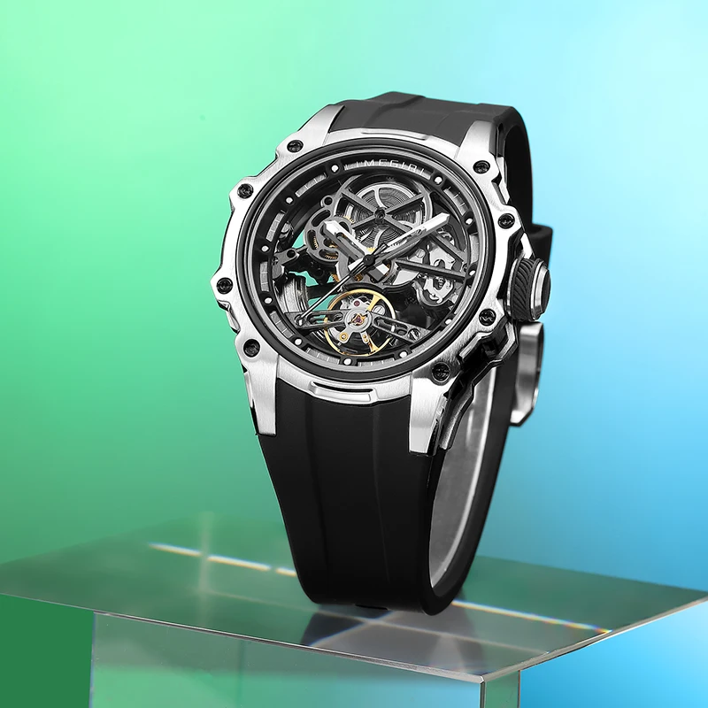 MEGIR 2243 جديد برميل النبيذ الأزرق توربيون ساعة ميكانيكية أوتوماتيكية فاخرة الجوف الهاتفي 30 متر مقاوم للماء الساعات الفاخرة للرجال