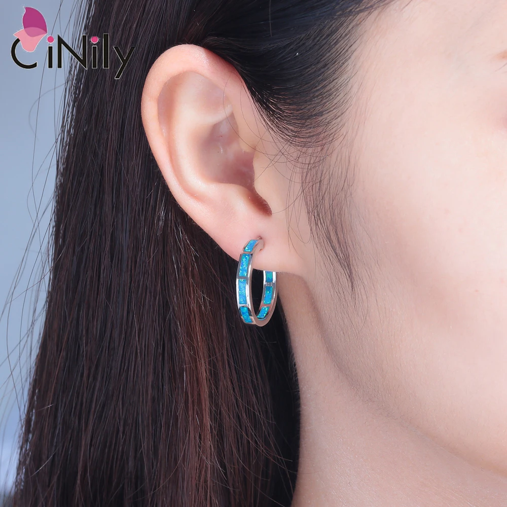 CiNily Created Blue White Fire Opal Authentic 925 Sterling Silver Wholesale NEW for Women Jewelry Hoop Earrings 25mm SE010-11