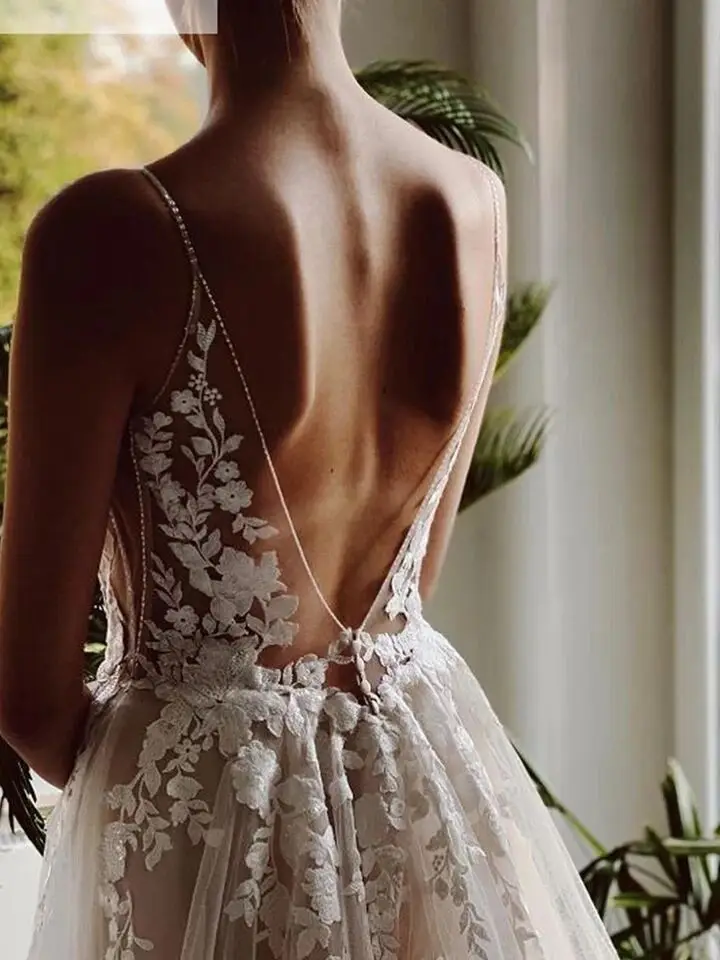 Vestido de novia Vintage de encaje de tul largo, Vestido de novia de playa de ilusión transparente, línea A, tren de corte, cuello en V, 2023