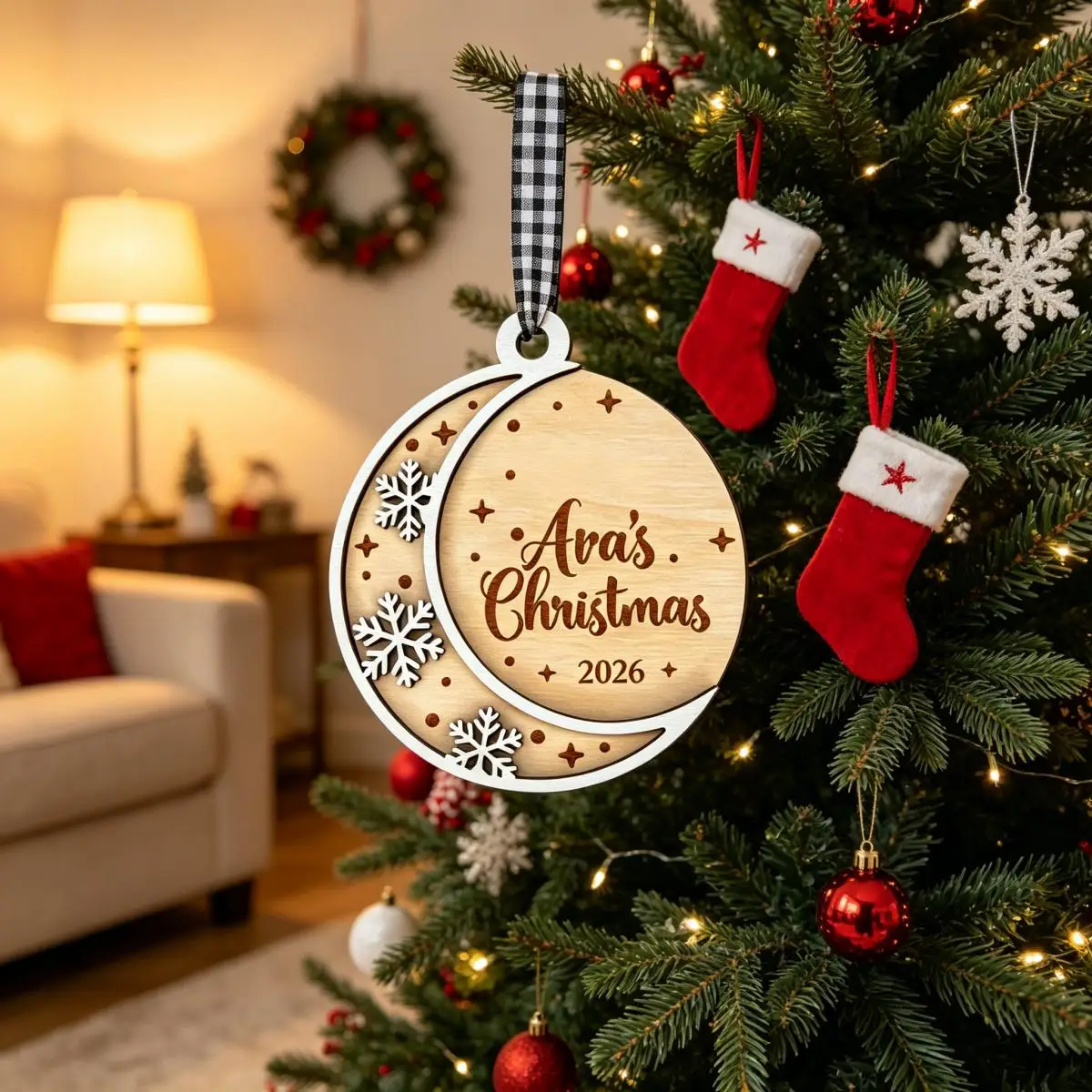 1Pc Custom Name Christmas Wooden Ornament Moon Snowflake Wood Plaque 2026 Christmas Tree Hanging Decoration Family Holiday Gift