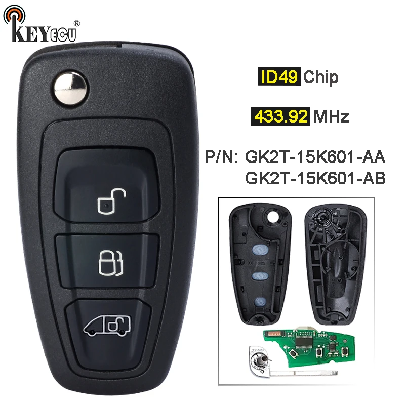 KEYECU 433.92MHz ID49 FSK P/N: GK2T-15K601-ABGK2T-15K601-AB Flip Remote Key Fob for Ford Transit Custom Tourneo Custom 2016-2020