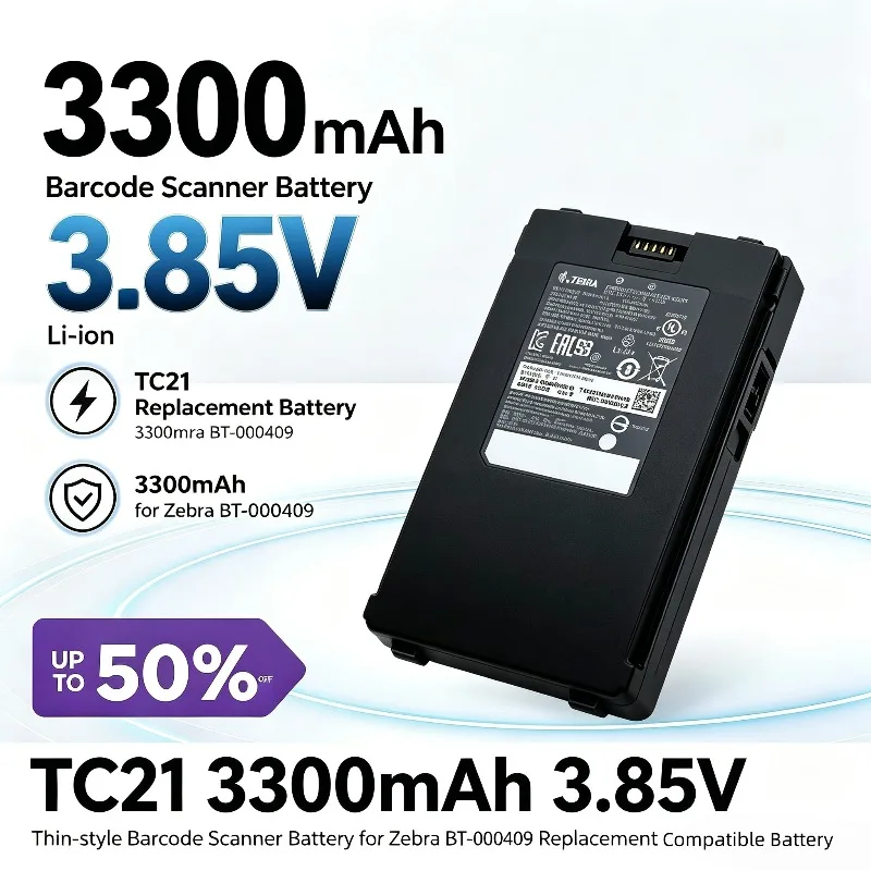 TC21 3300mAh 3.85V Thin‑style Barcode Scanner Battery for Zebra BT-000409 Replacement Compatible Battery