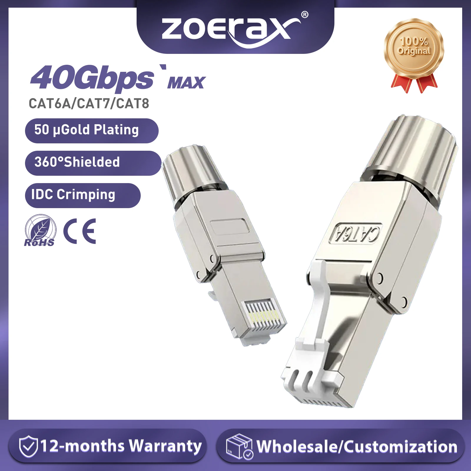 Złącza ZoeRax RJ45 Cat8 Cat7 Cat6A Beznarzędziowe wtyczki terminacyjne Ethernet wielokrotnego użytku, wtyczka internetowa, szybka instalacja polowa