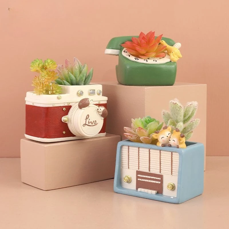 Chinese Retro Succulent Flower Pot Personalized Desktop Resin Decorative Flower Device Creative Potted Plant TV Radio Bonsai