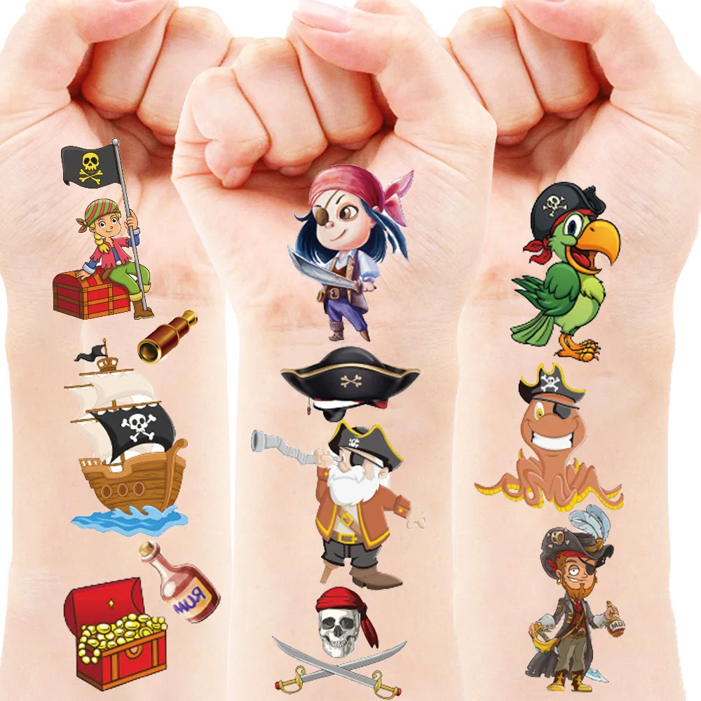 10 Pcs Pirate Temporary Tattoo Body Sticker Fake Neverland Pirated Cannon Powder Captain Birthday Party Kids Boys Girls Decor