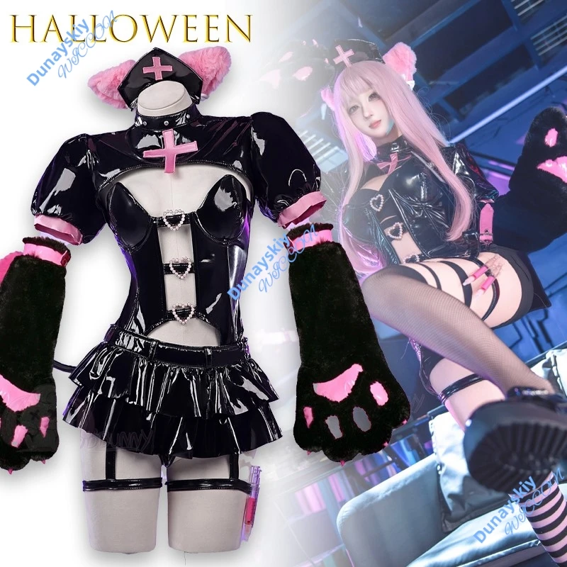 

Demon Cat Nurse Cosplay Costume Cute Paw Girl Polyurethane Leather Y2K Aesthetic Anime Outfit Furry Paws Thigh Socks Halloween
