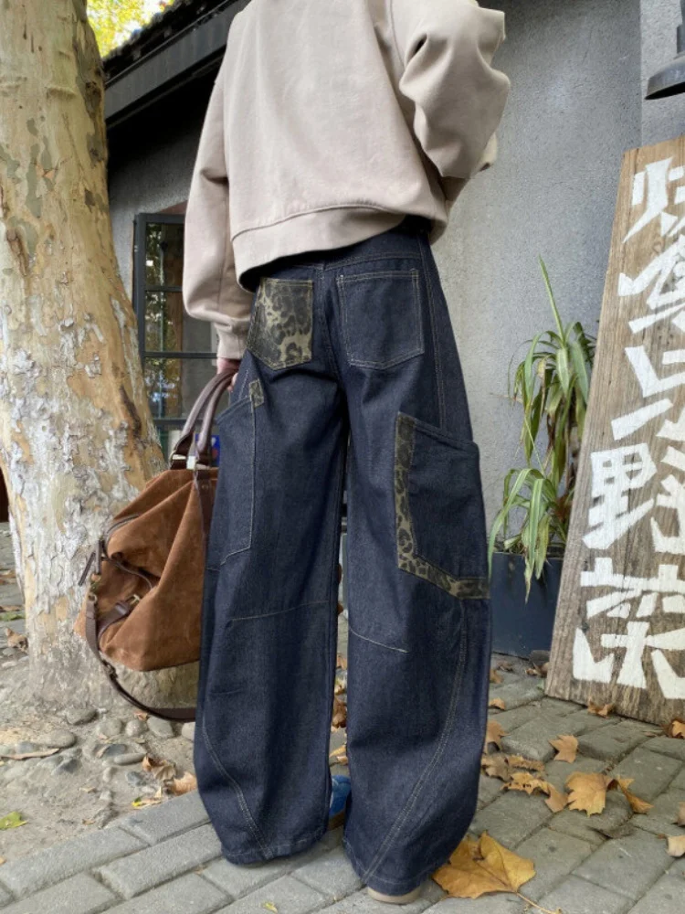 

Men's Spring Autumn Wide Leg Jeans Knife Design Spliced Street Sle Straight Tube Long Pants Casual Wear Durable Denim